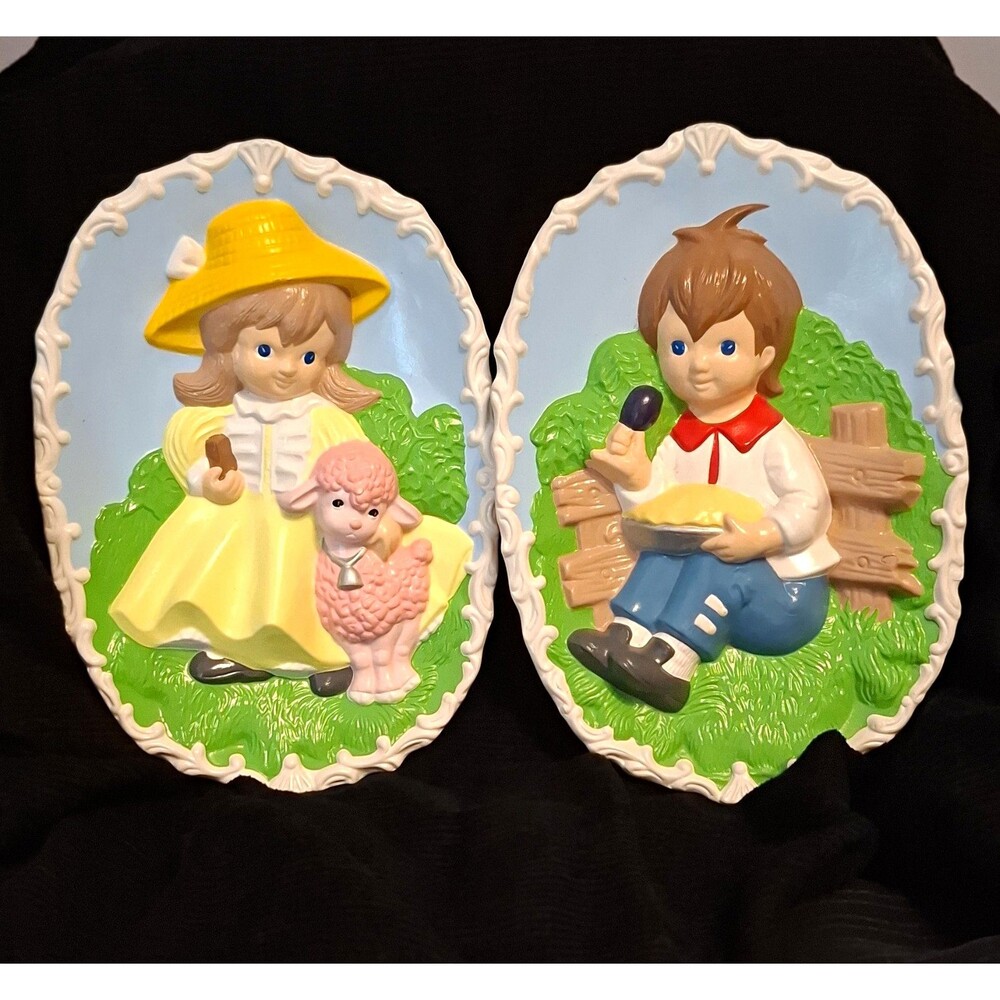 Vintage 1977 Ceramic Nursery Rhyme Wall Plaques Bo Peep Jack Horner Set of 2